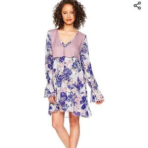 Free People Alice Vested Mini Dress Floral Printed Long Sleeve Beach S 285406